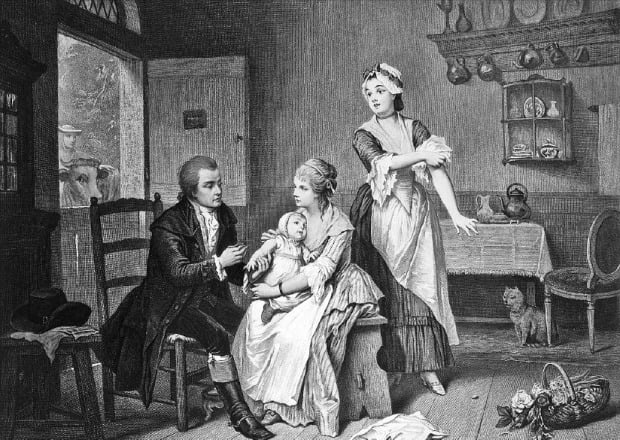 에드워드 제너가 처음으로 백신을 주사하는 장면(출처:한국경제 '[책마을] 역사상 최악의 전염병은 '美人의 병' 폐결핵이었다')